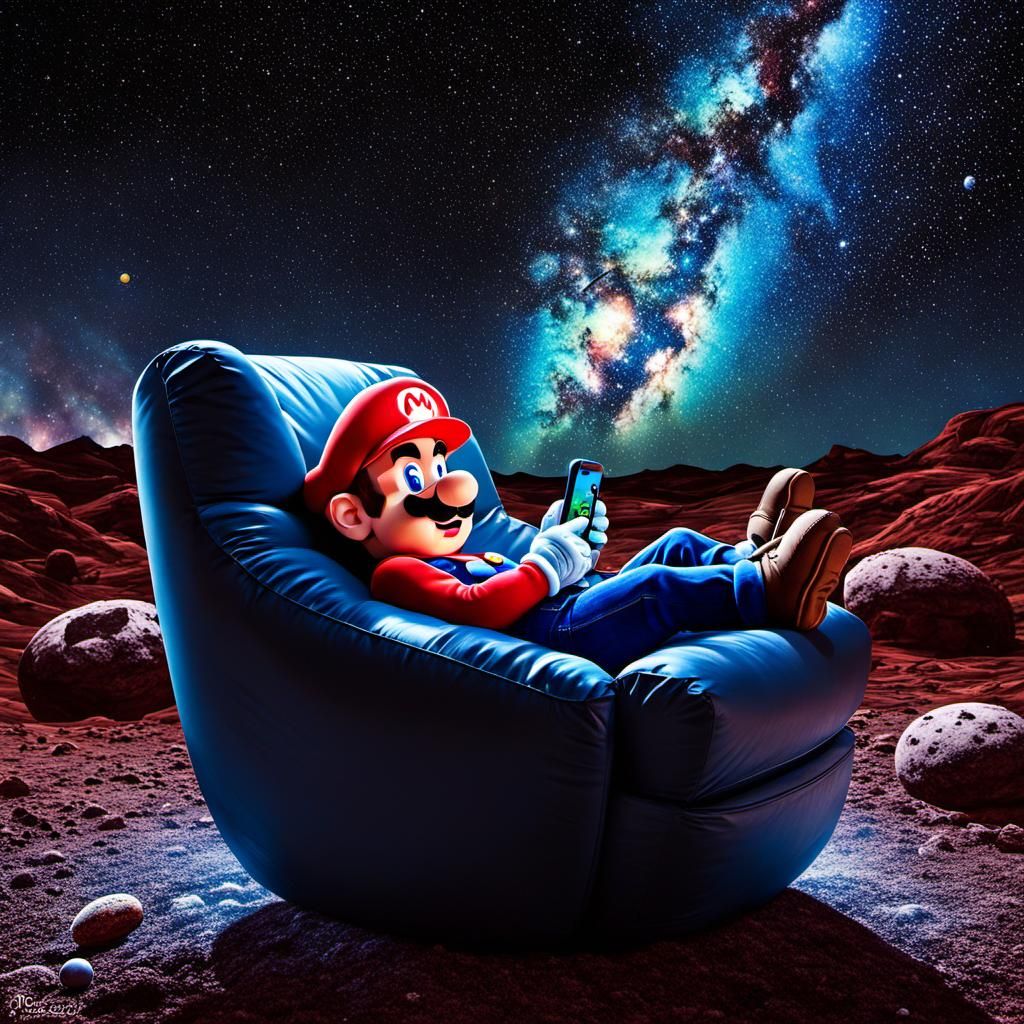 Hyperrealistic Super Mario Relaxing Under Starry Sky