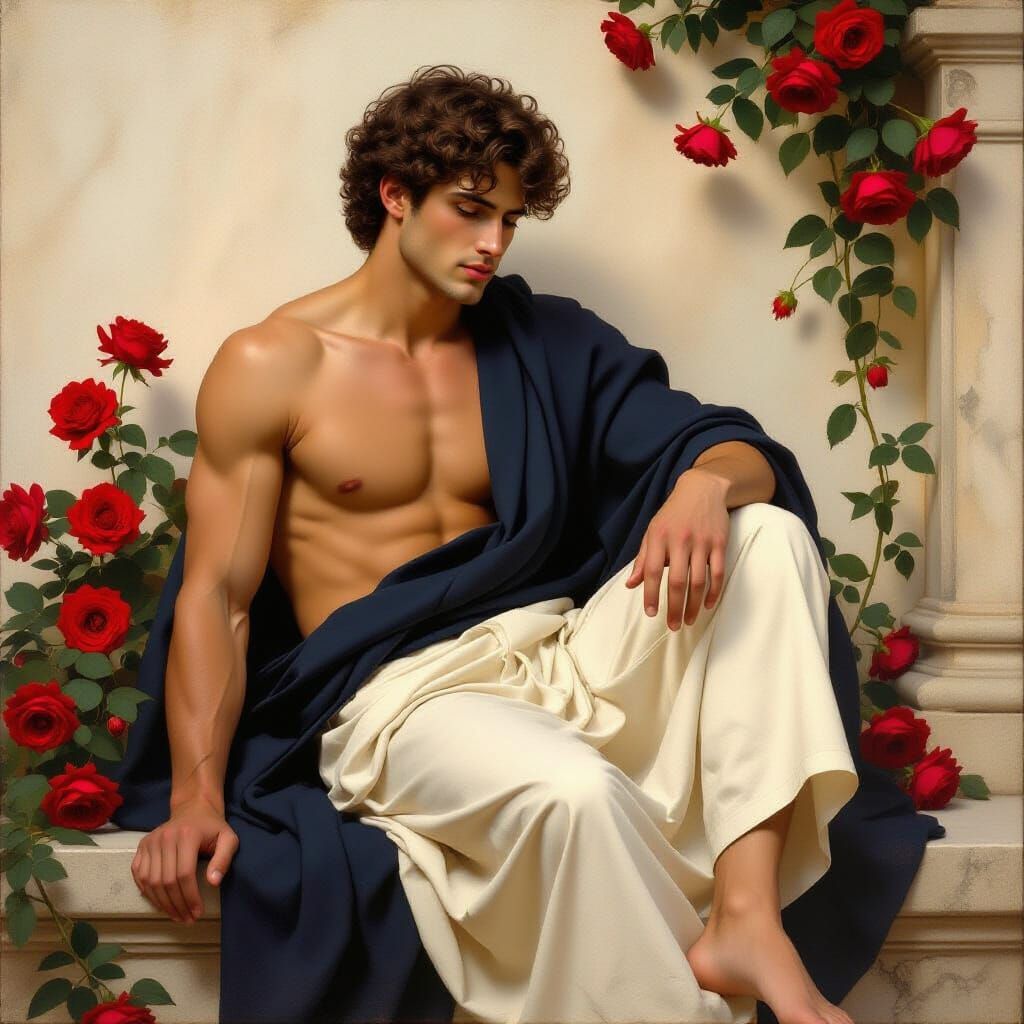 Melancholic Man with Roses in Golden Hour Light