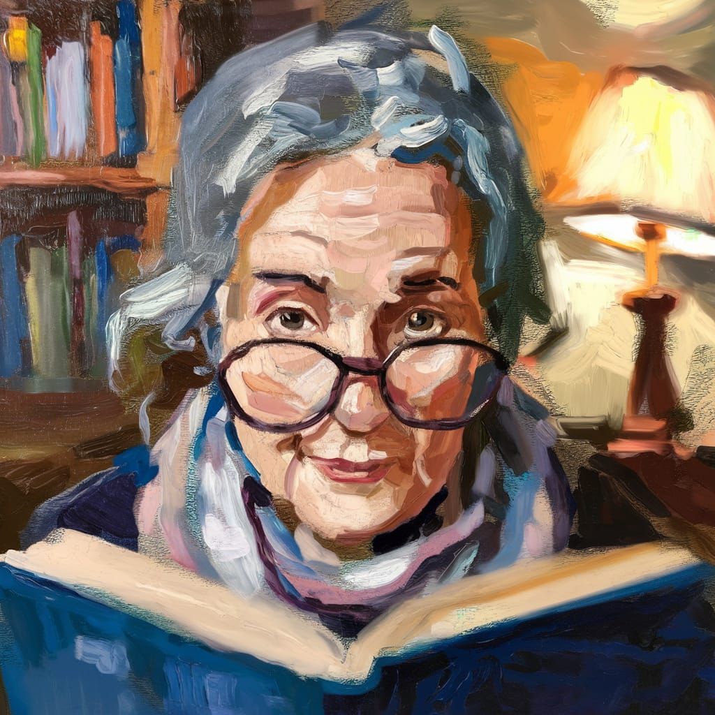 Older Woman Reading, Loose Oil Portrait