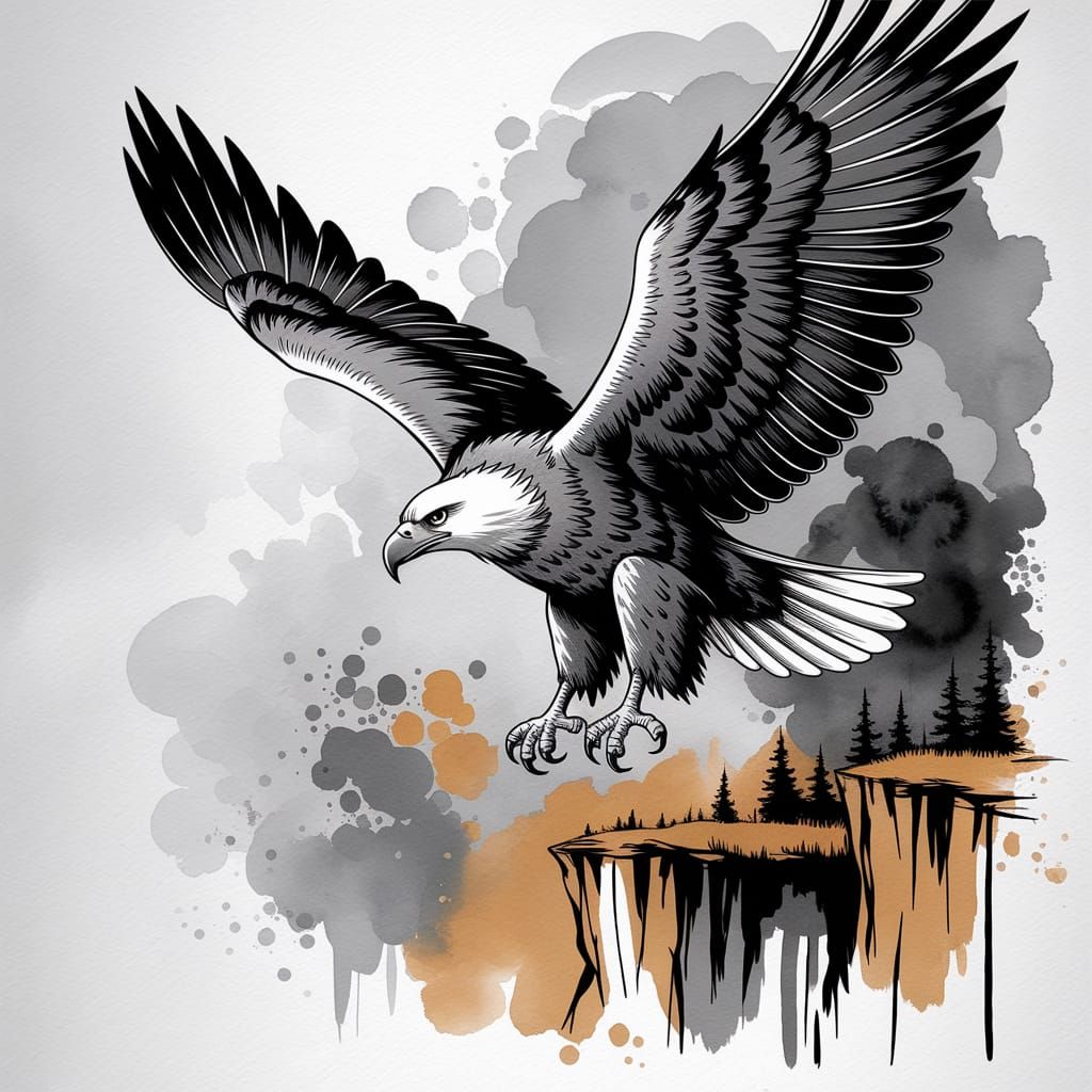 Eagle Soaring Over Cliffs in Ink and Watercolor