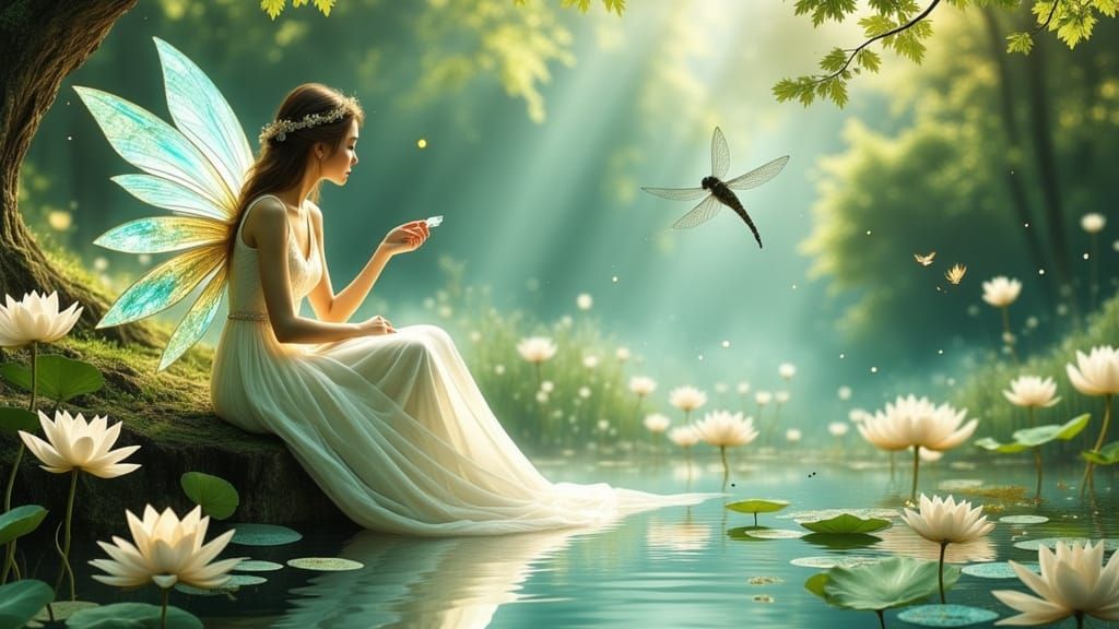 Fairy by Pond with Lotus Flowers