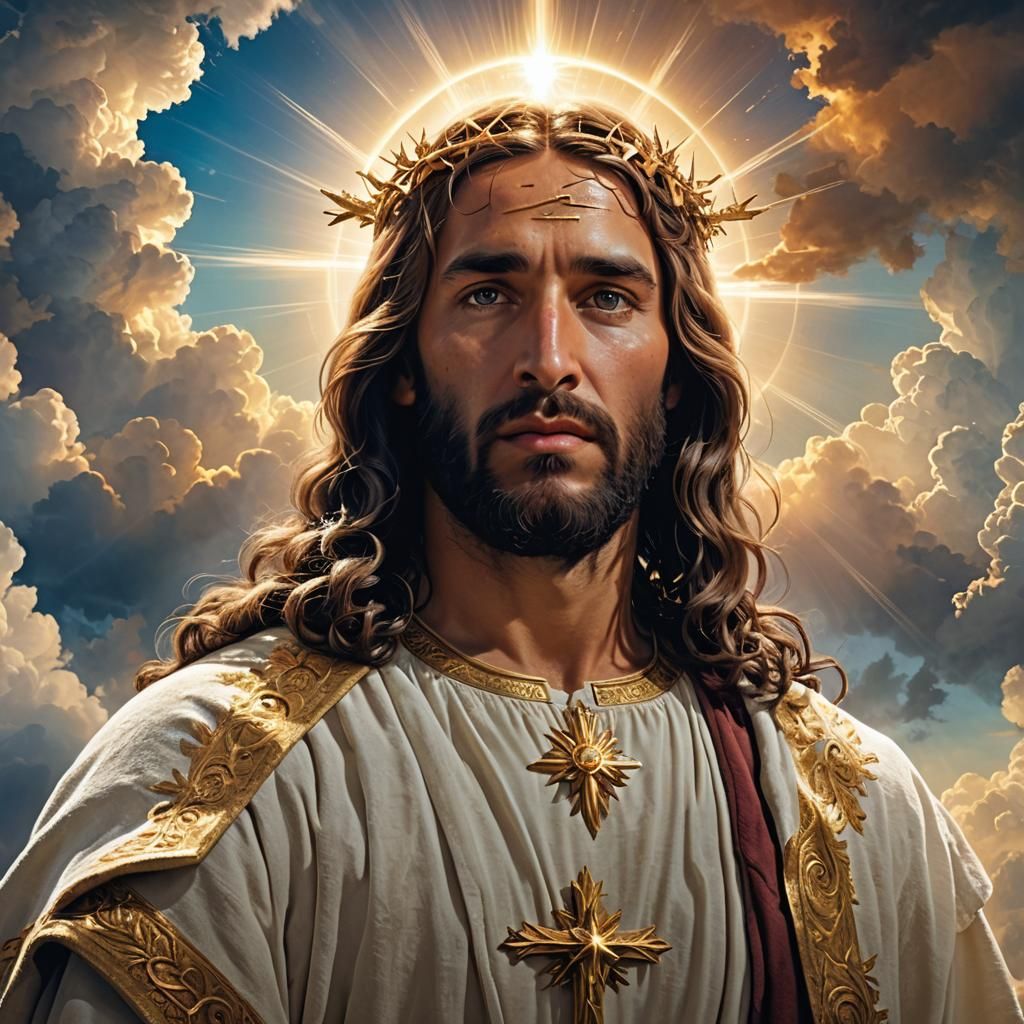 Jesus Christ Portrait with Divine Light and Clouds