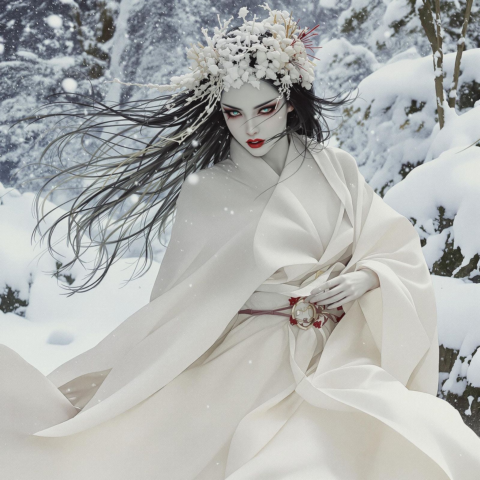 Yuki-Onna Snow Spirit in Art Nouveau Style