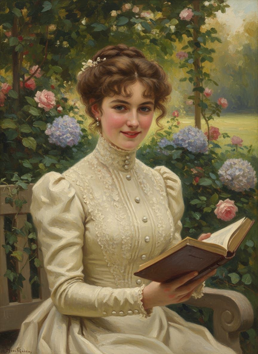 Victorian Woman Reading in Garden, Oil on Canvas Portrait