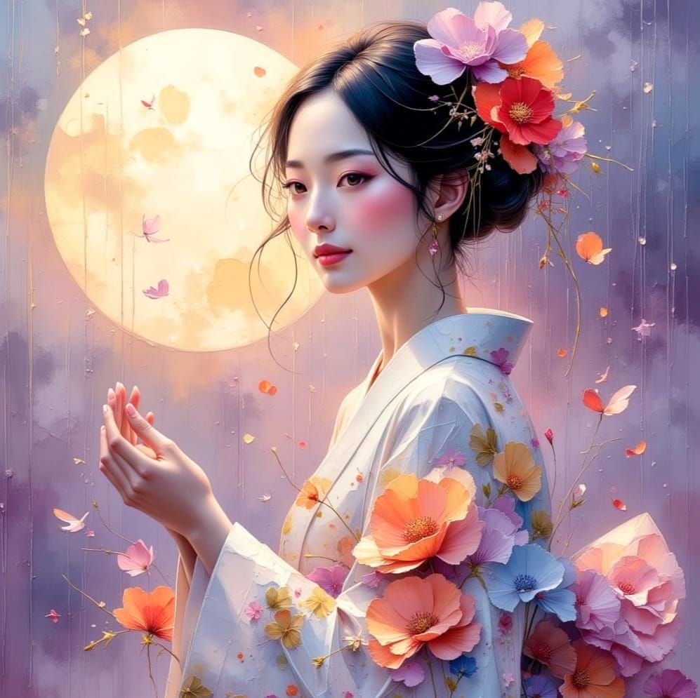 Ethereal Goddess in Rainy, Floral Impasto Landscape