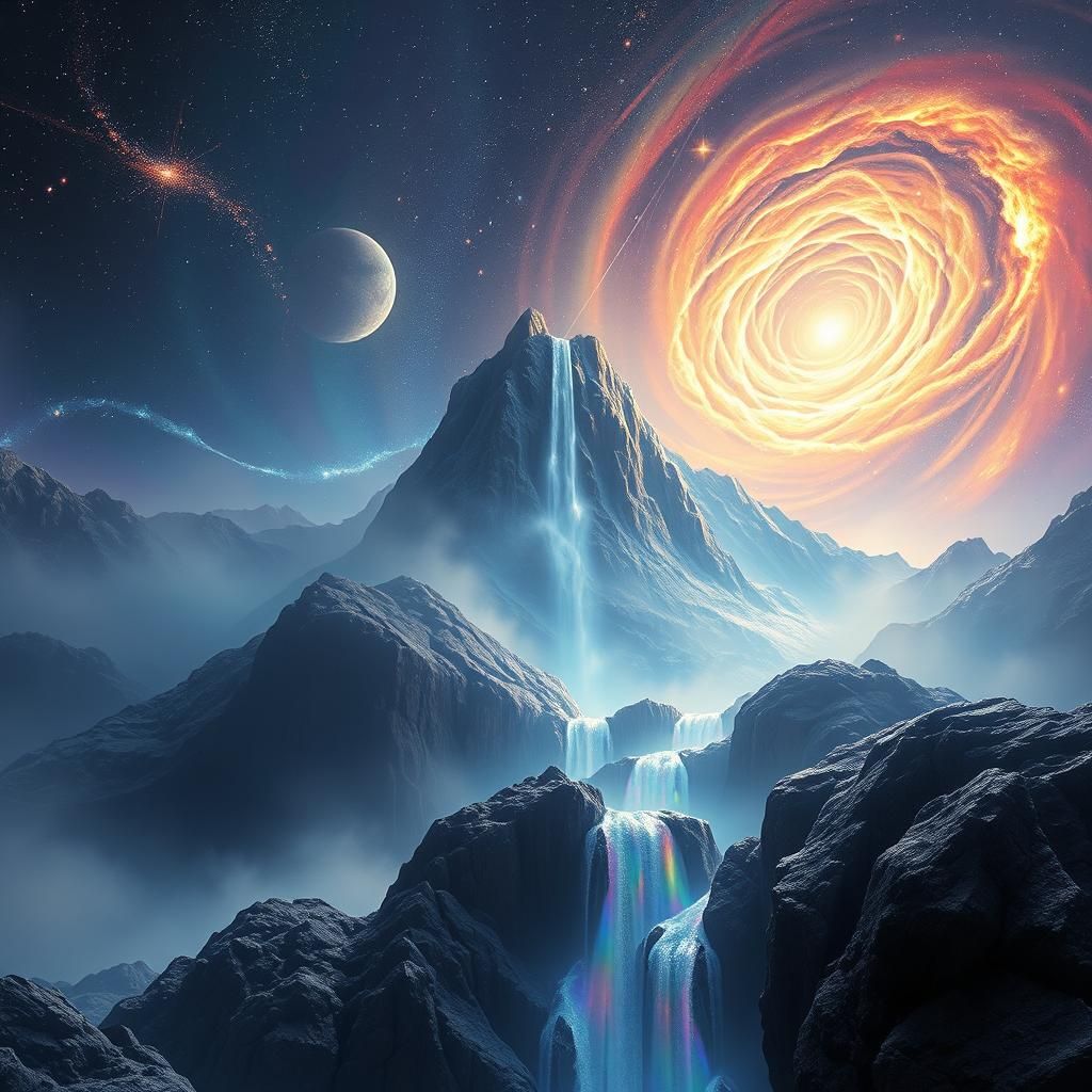 Celestial Rainbow Waterfall Dissolving into Stardust