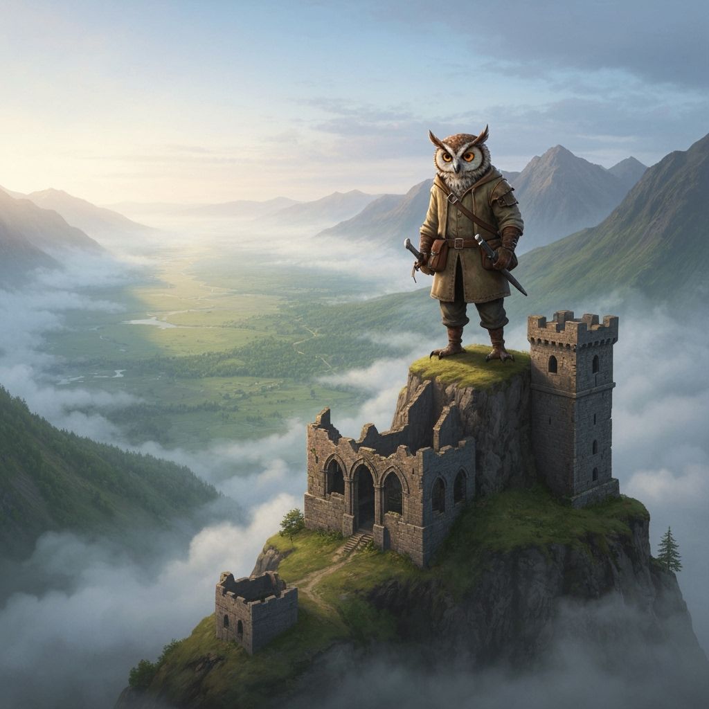 Explorer Owl Overlooks Valley: Fantasy Matte Painting