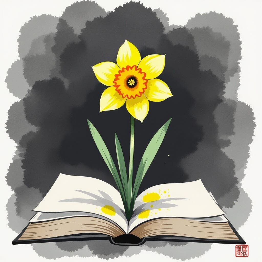 Daffodil Rising: Minimalist Sumi-e Ink Wash Painting