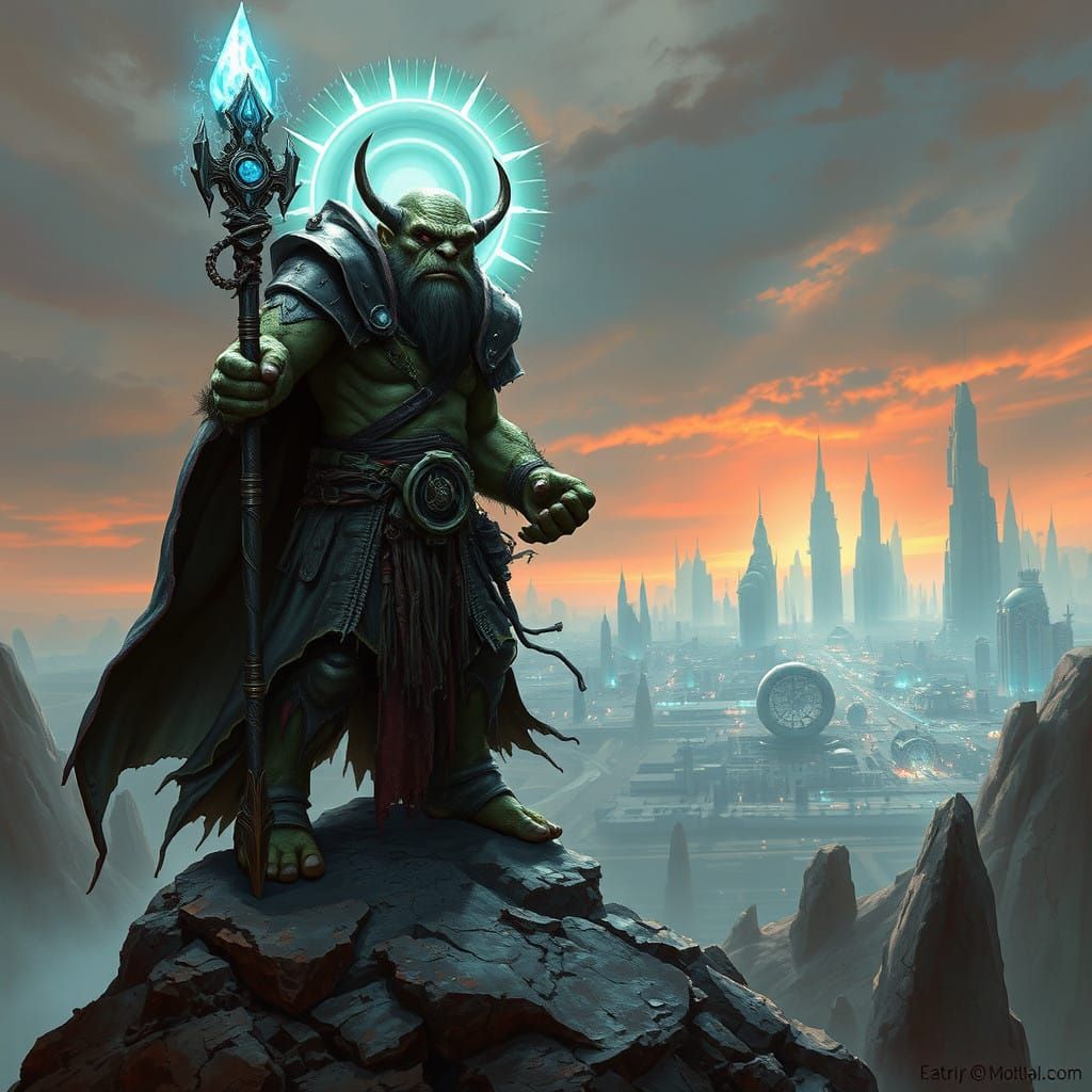 Orc Spell Caster in Cyberpunk Industrial Futurism