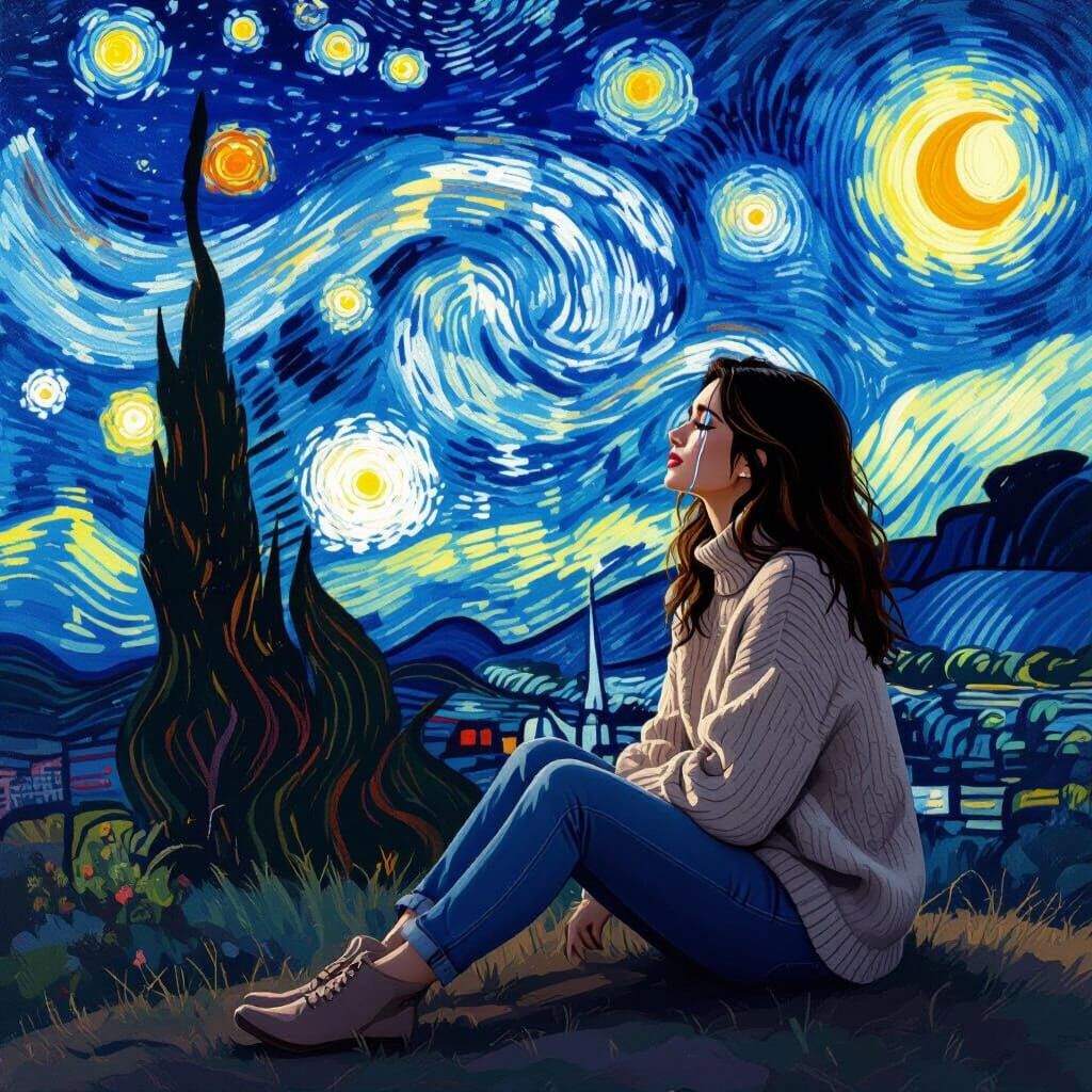 Woman Grieving Under Starry Sky, Van Gogh Style