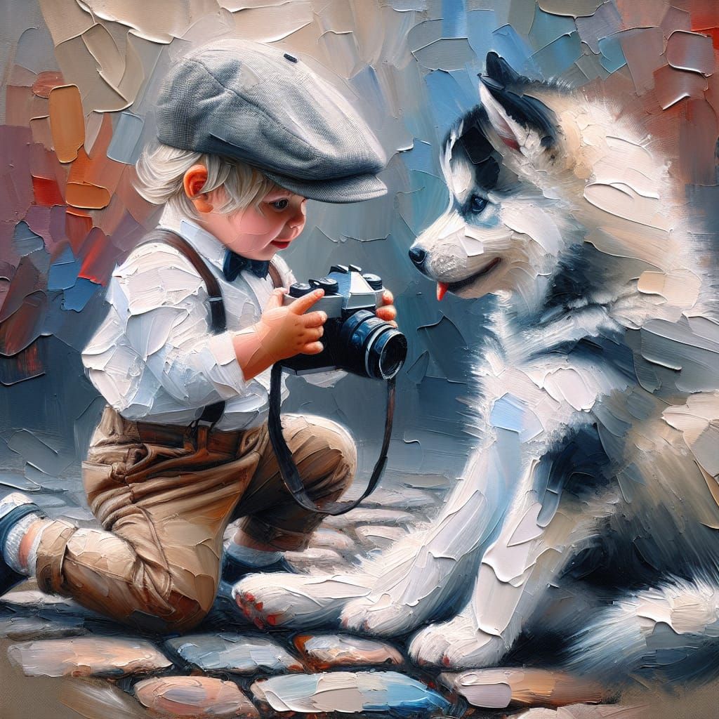 Toddler Photographer in Whimsical Oil Painting Style