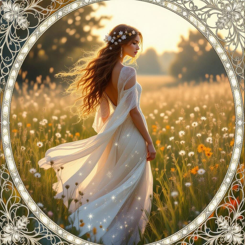Ethereal Woman in Meadow, Art Nouveau Style