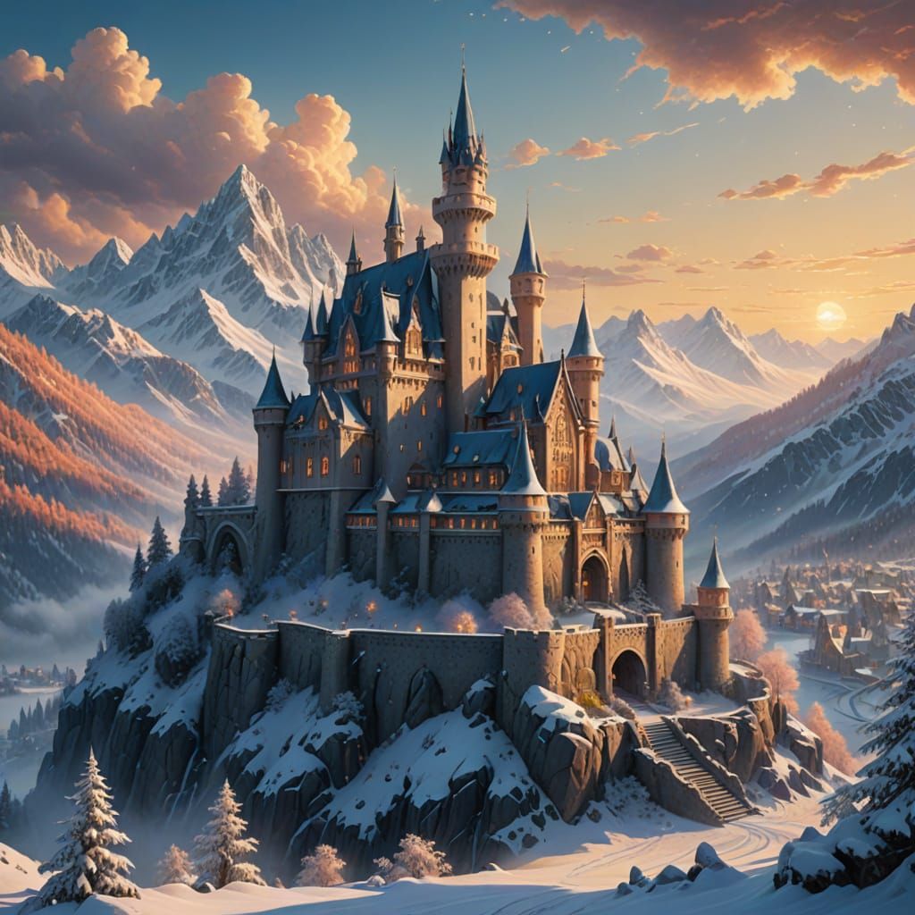 Regal Winter Castle Awakens to Golden Hour