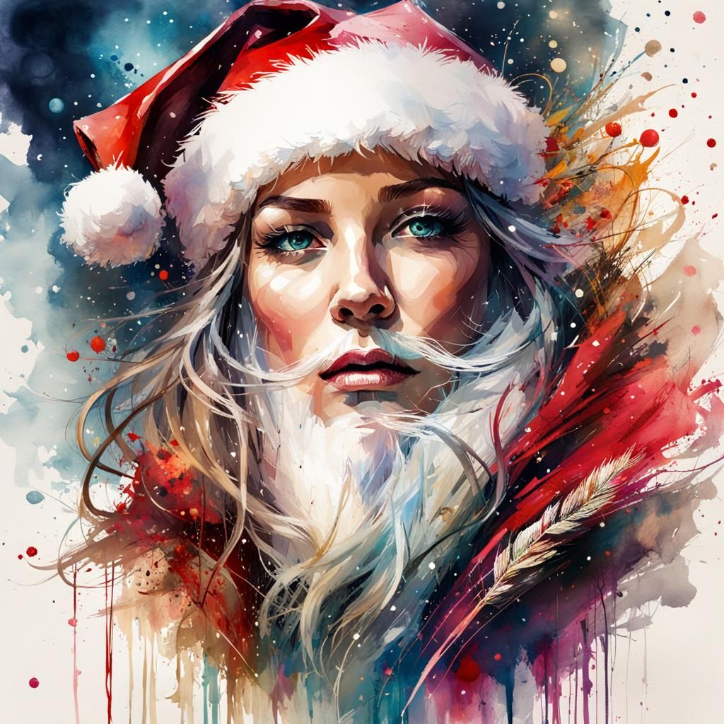 Gorgeous Female Santa Claus Watercolor Illustration
