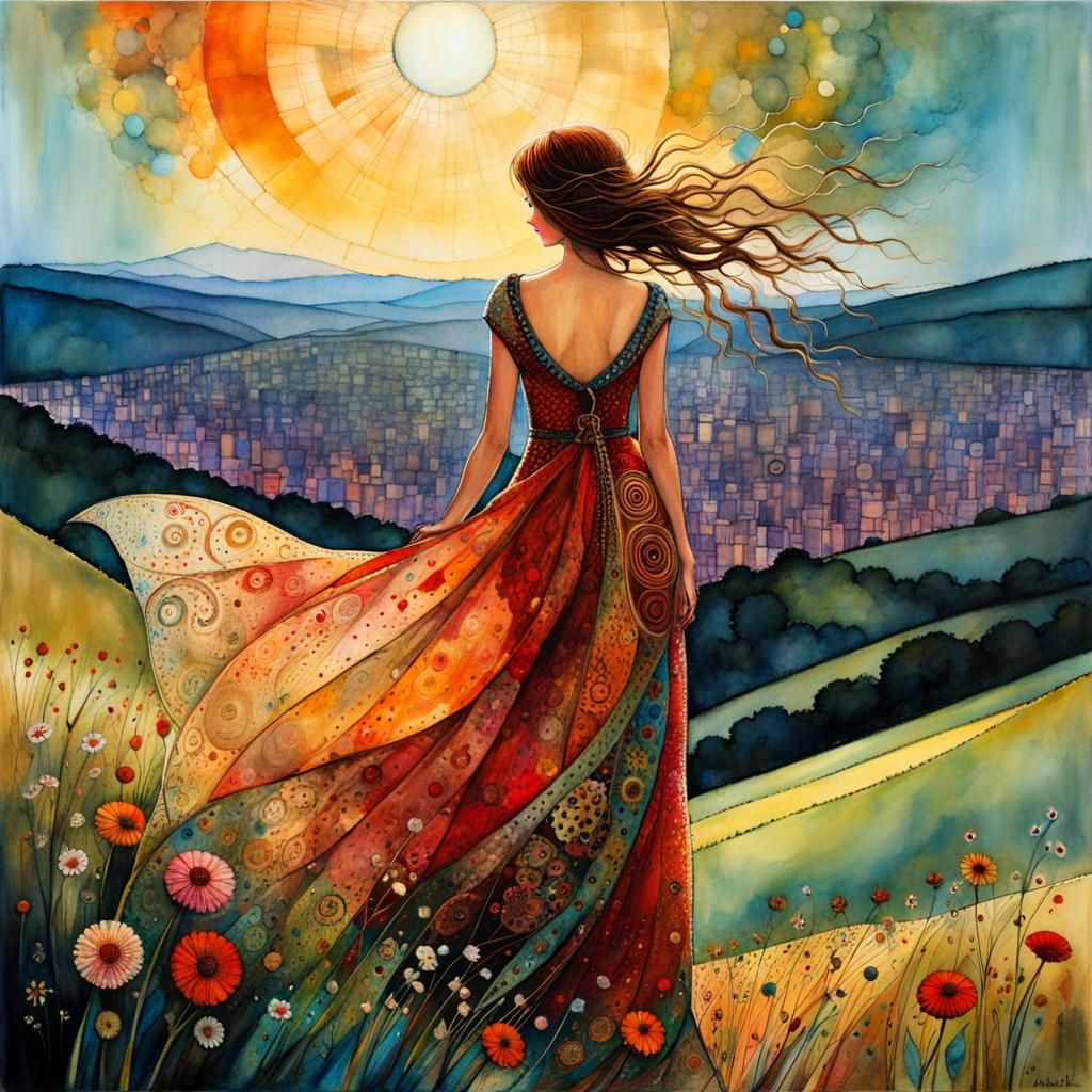 Girl on Windy Hill: Art Brut Digital Illustration