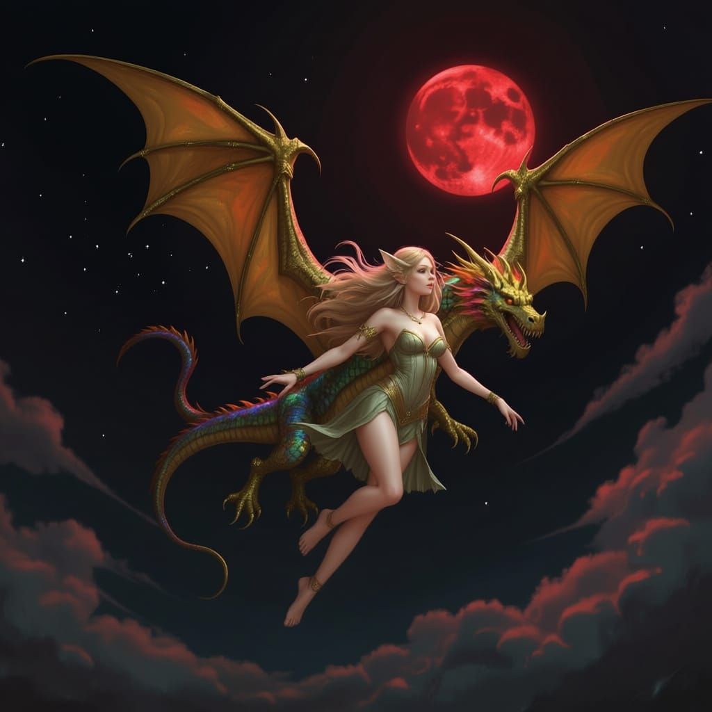 Multicolor Dragon Falls From Sky Under Blood Moon