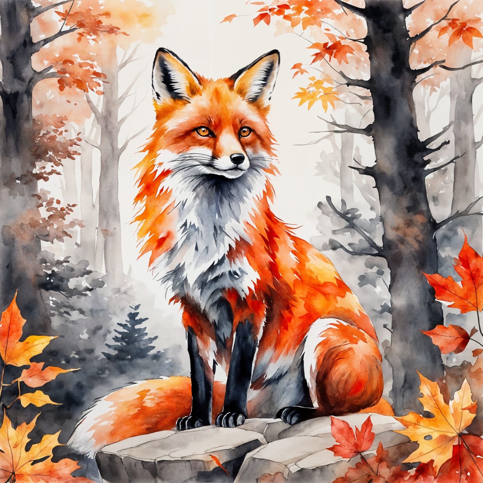 Red Fox in Autumn Forest, Ink Wash Painting