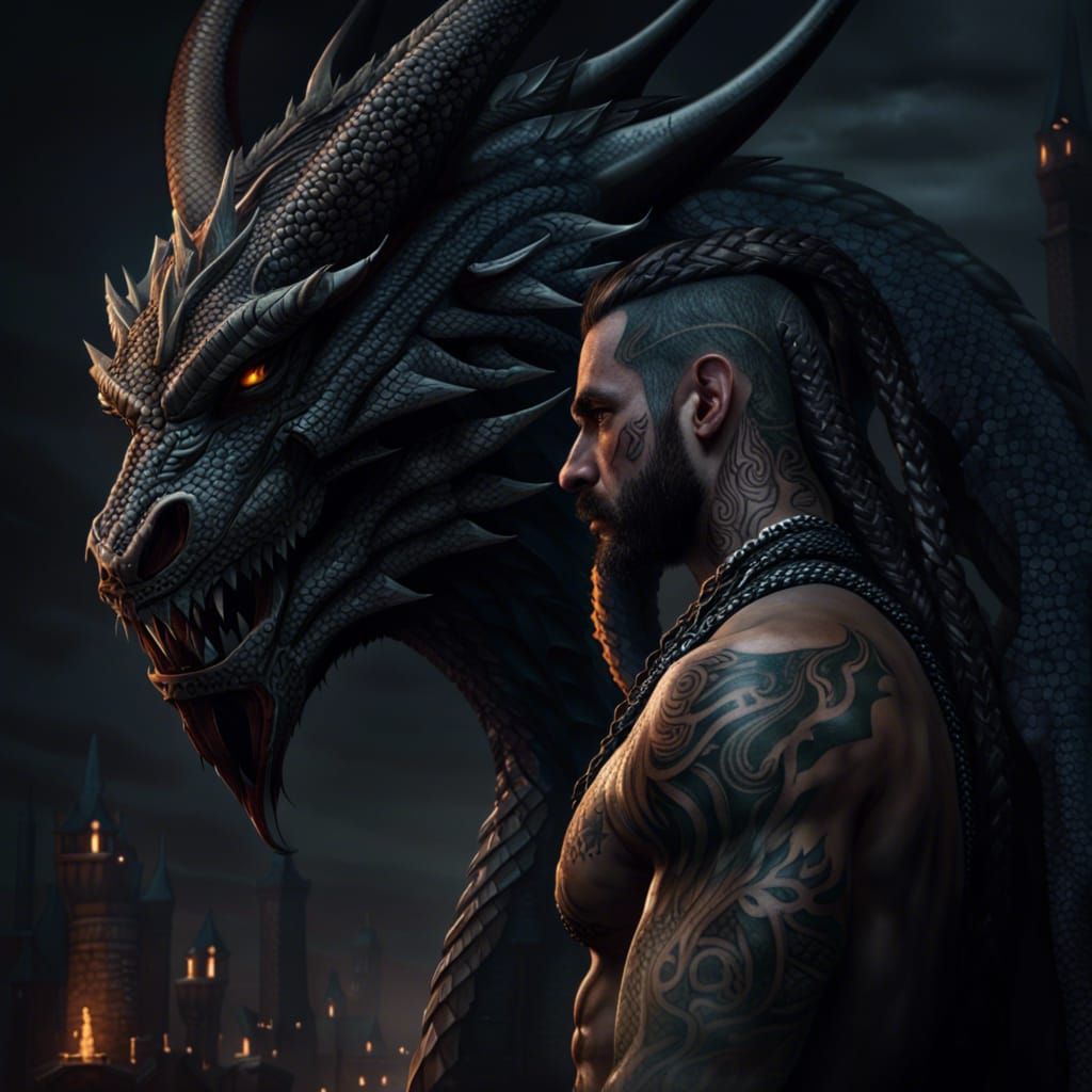 Viking Warrior with Dragon, Dark Fantasy Art