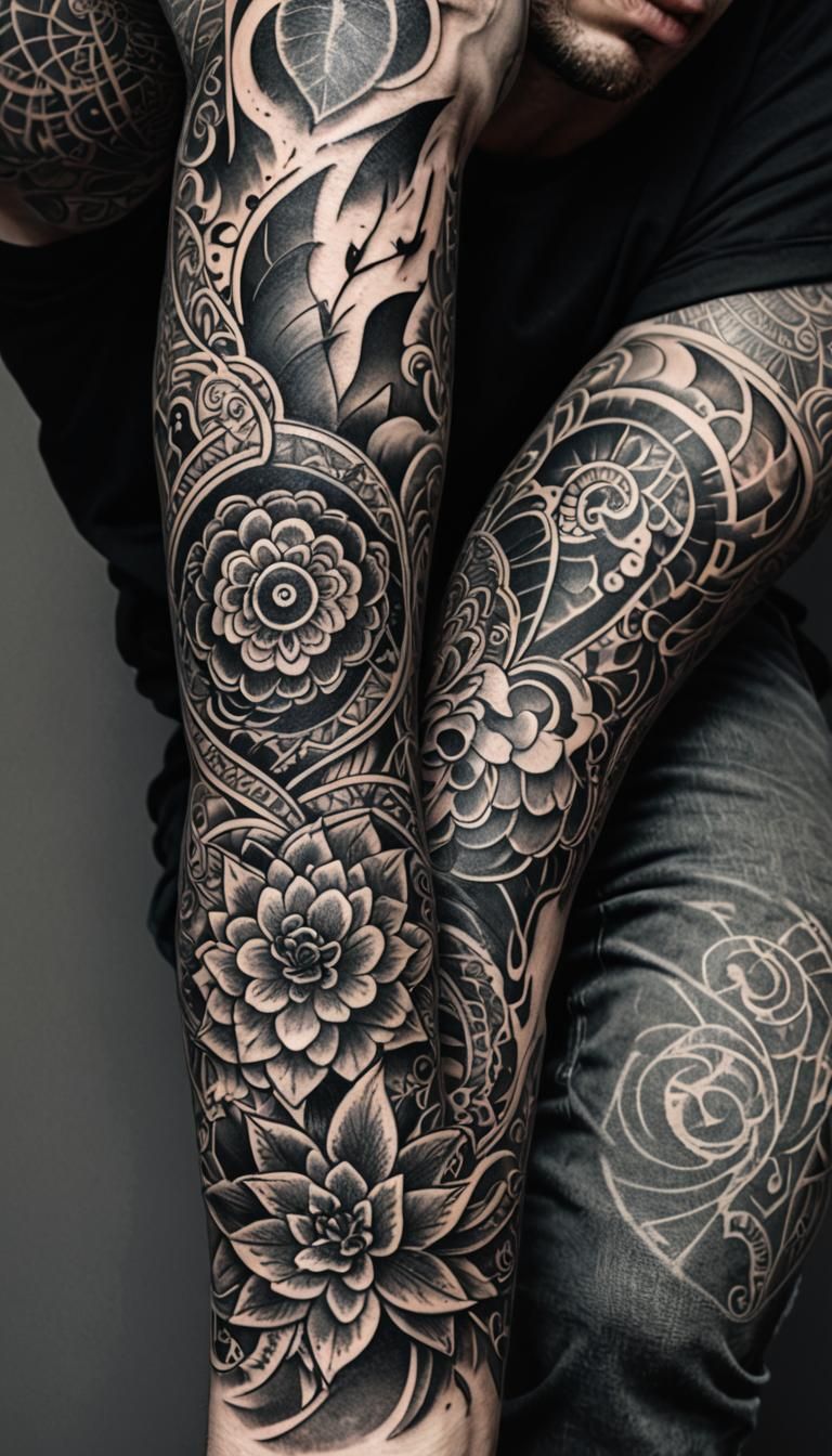 Tattooed Arm in Grayscale with Intricate Design