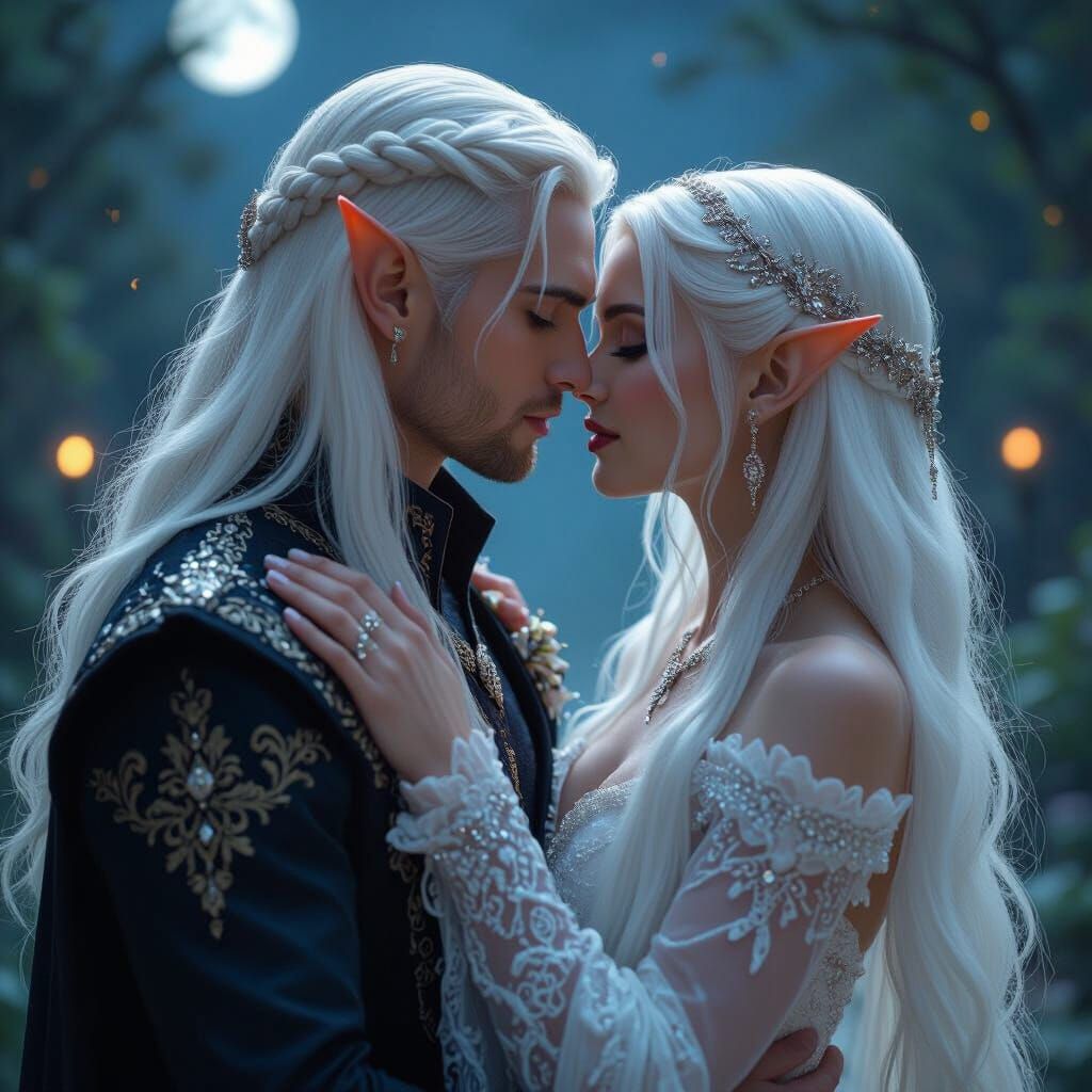 Elven Wedding Kiss in Gothic Garden Setting