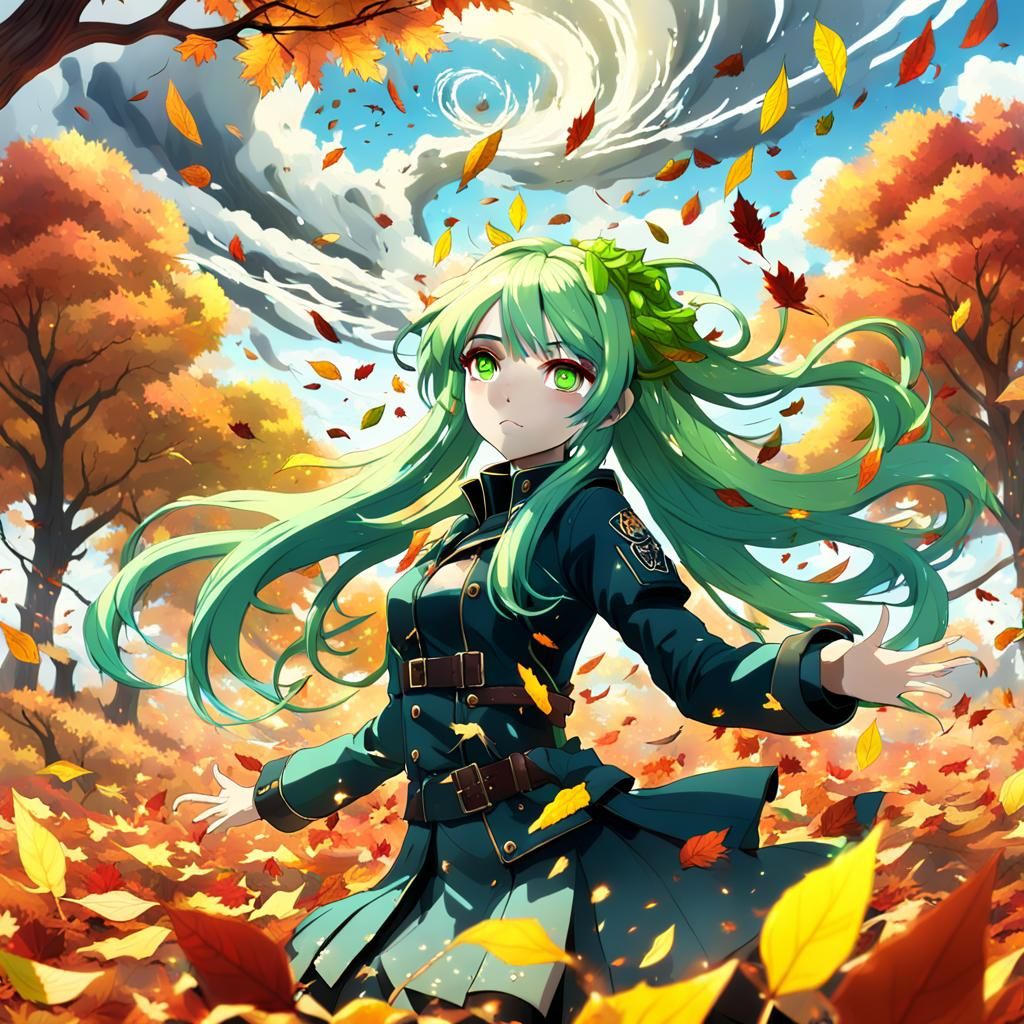 Anime Girl in Autumn Leaf Tornado