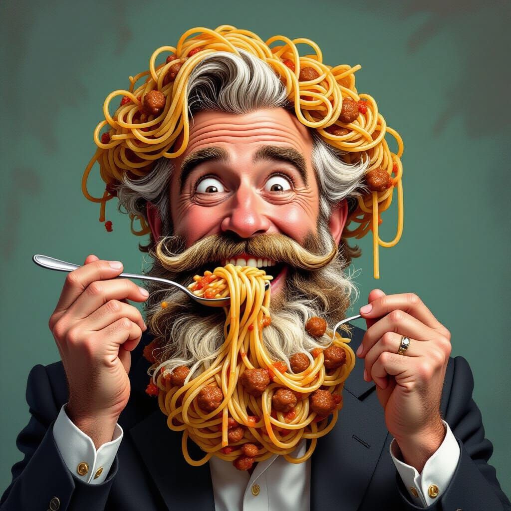 Man Eats Spaghetti Beard in Whimsical Illustration