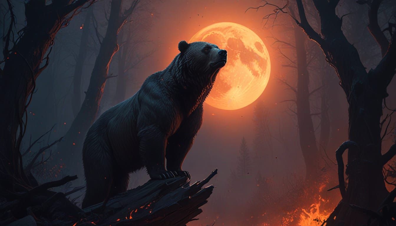 Surreal Bear Stands in Embers, Silhouetted Against the Moon