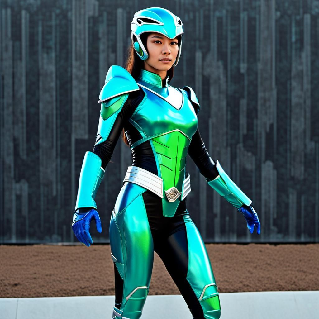 Futuristic Sci-Fi Power Ranger in Neon Spacecraft