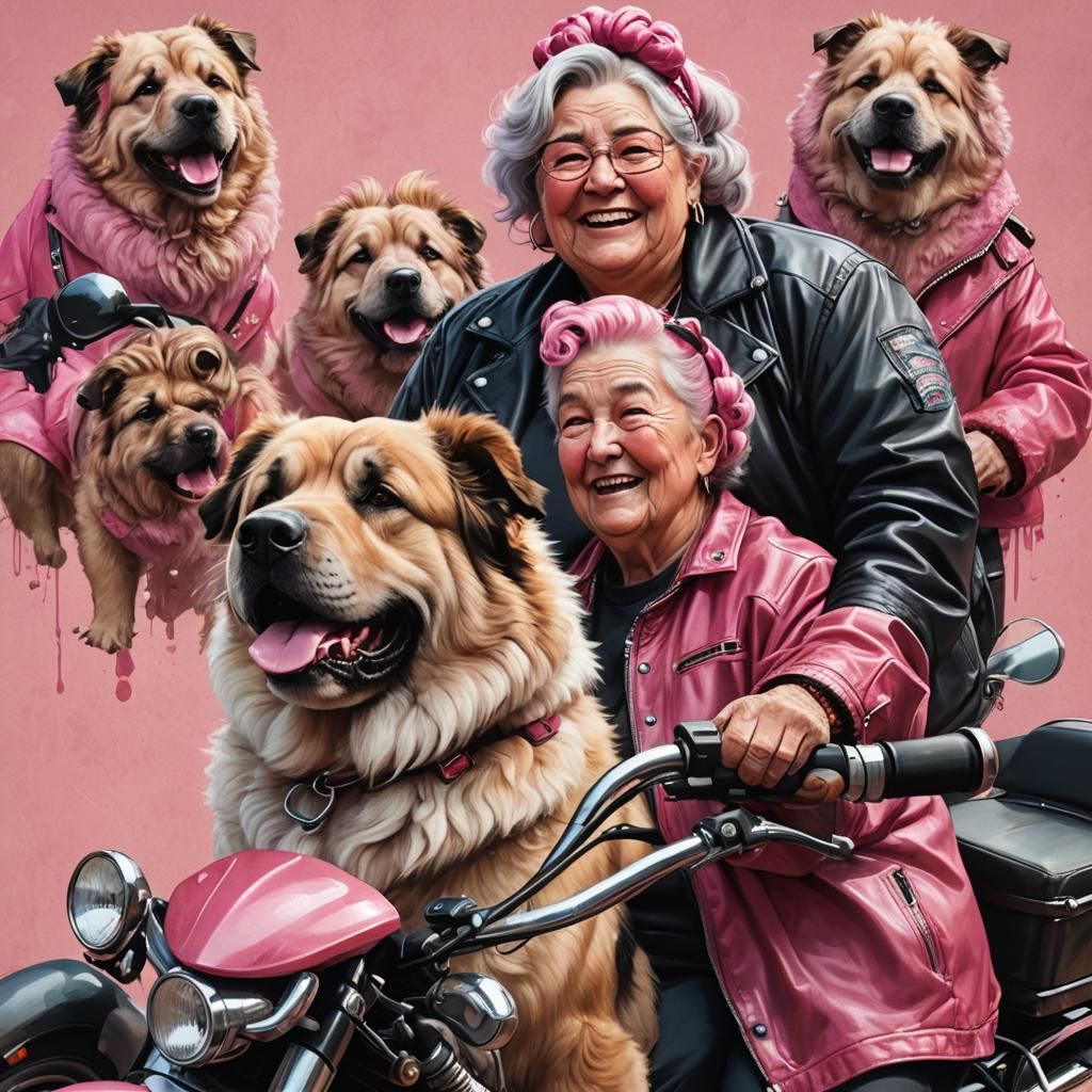 Huge GIANT Caucasian Shepherd Dog with An happy old fat bbw (fat:3.0) wrinkly old lady with (pink spacebuns:3.0) on a mo...