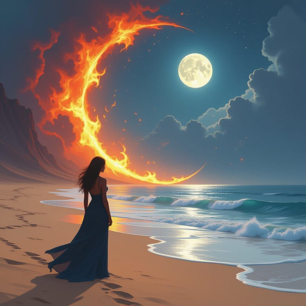 Woman Amidst Fire, Ice, Sun, Moon, Ocean, and Desert