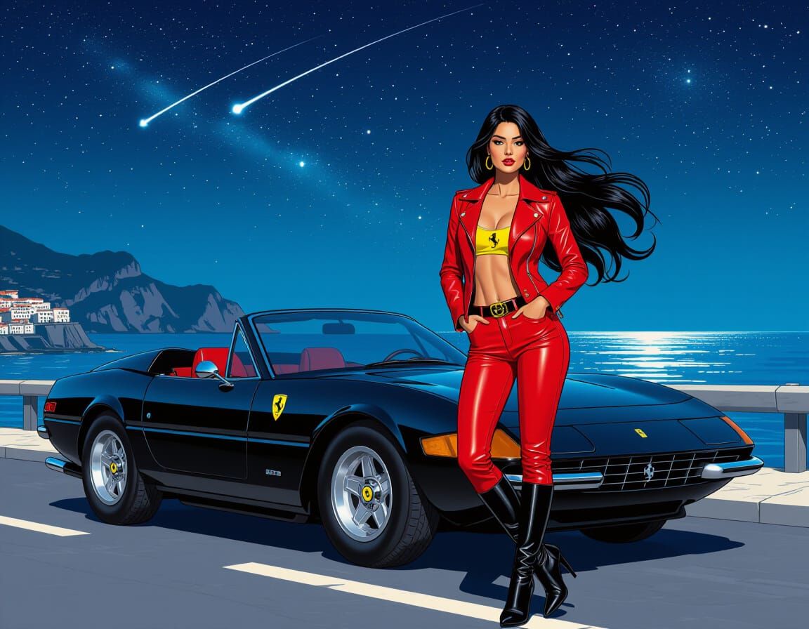 Italian Woman with Ferrari in Comic Art Style