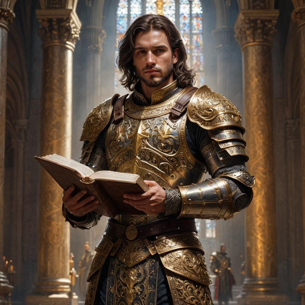 Knight in Ornate Armor Holding Bible