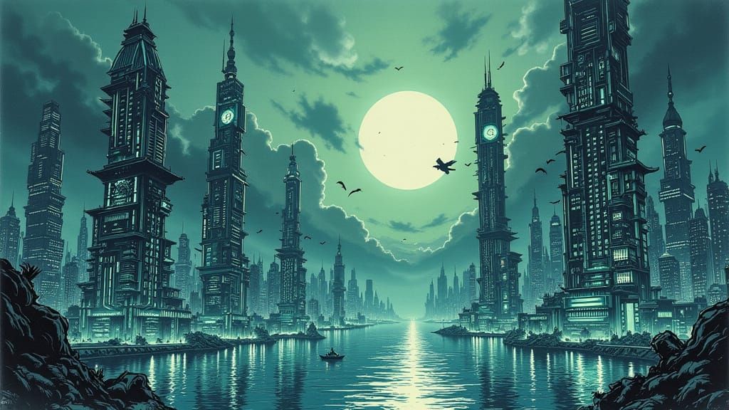 Bioluminescent Metropolis Undersea in Dreamlike Style