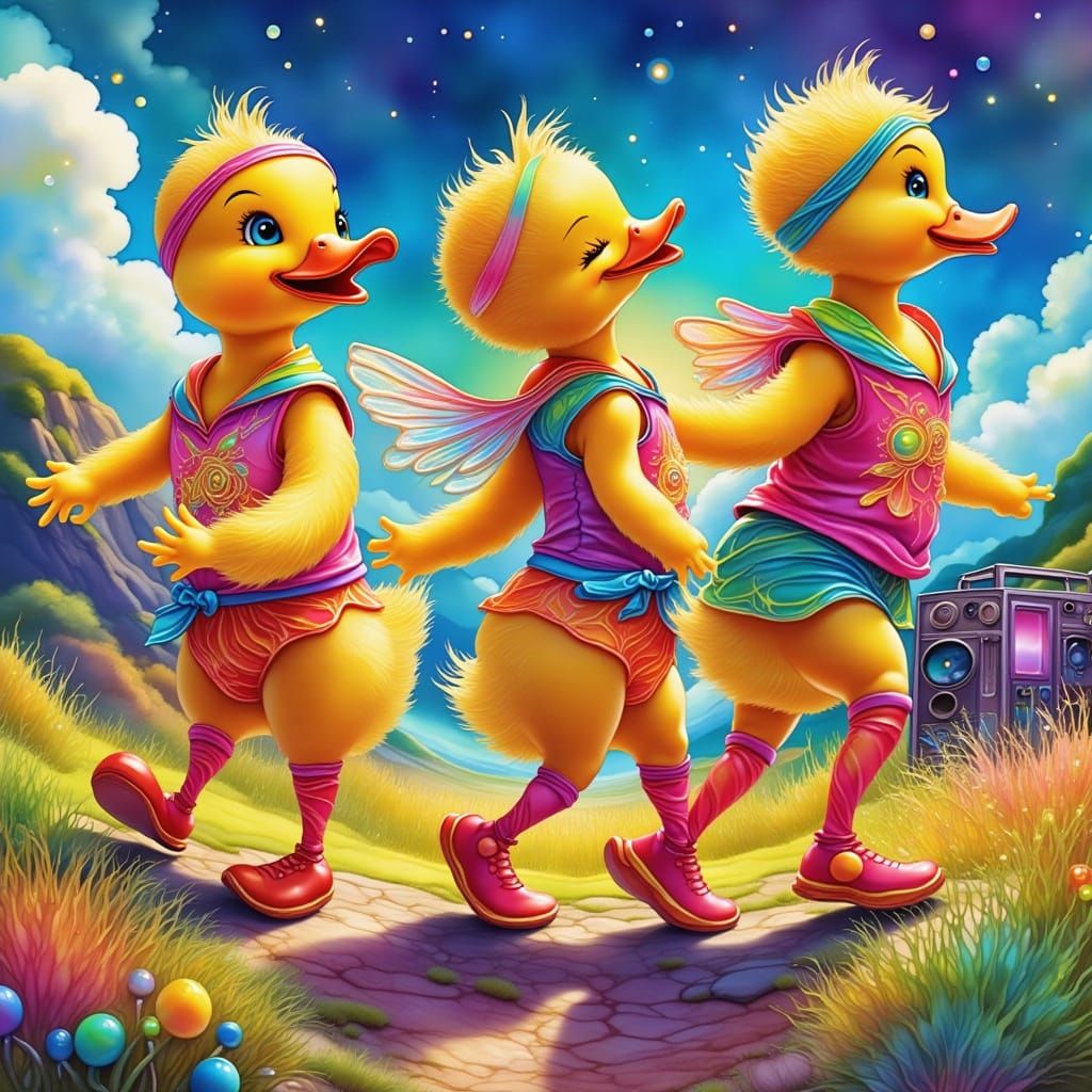 Neon Ducklings Dance in a Candyland Landscape