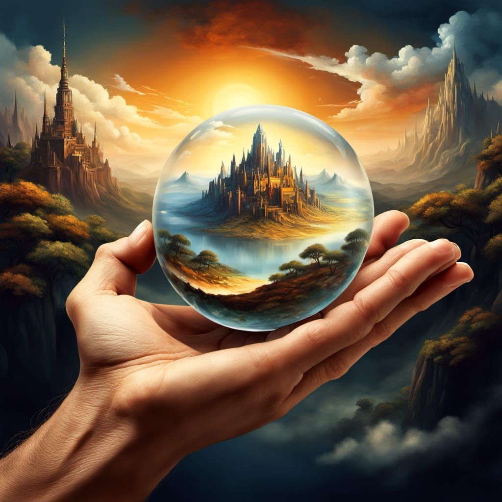 Surreal Hand with World Inside, Inspired by Dali