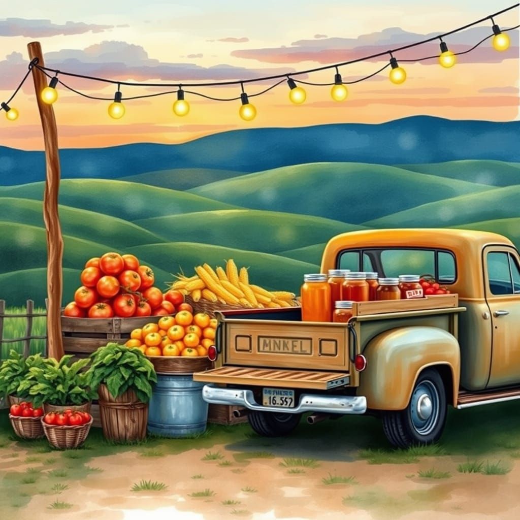 Watercolor Farmstand at Dusk with Golden Light