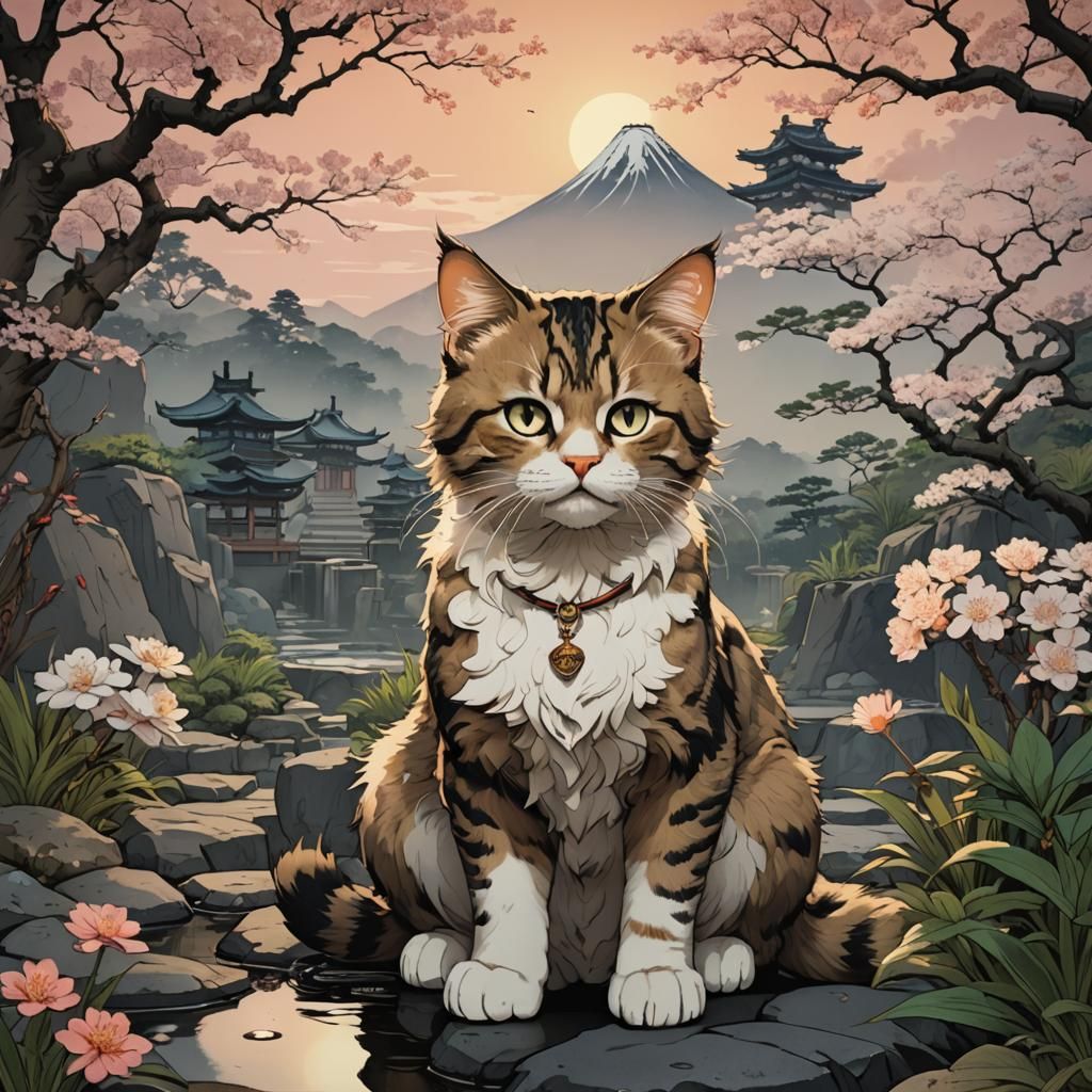 Kitten God in Zen Garden: Ukiyo-e Watercolor