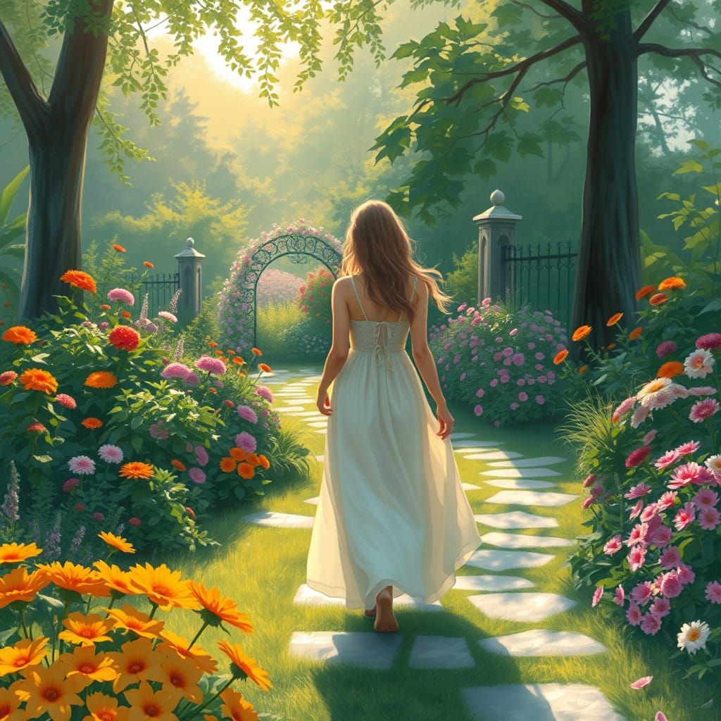 Serene Garden Scene in Impressionist Style