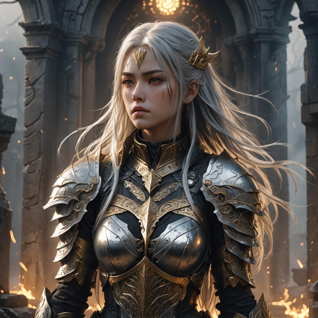 Anime Warrior in Misty Ruins with Golden Light