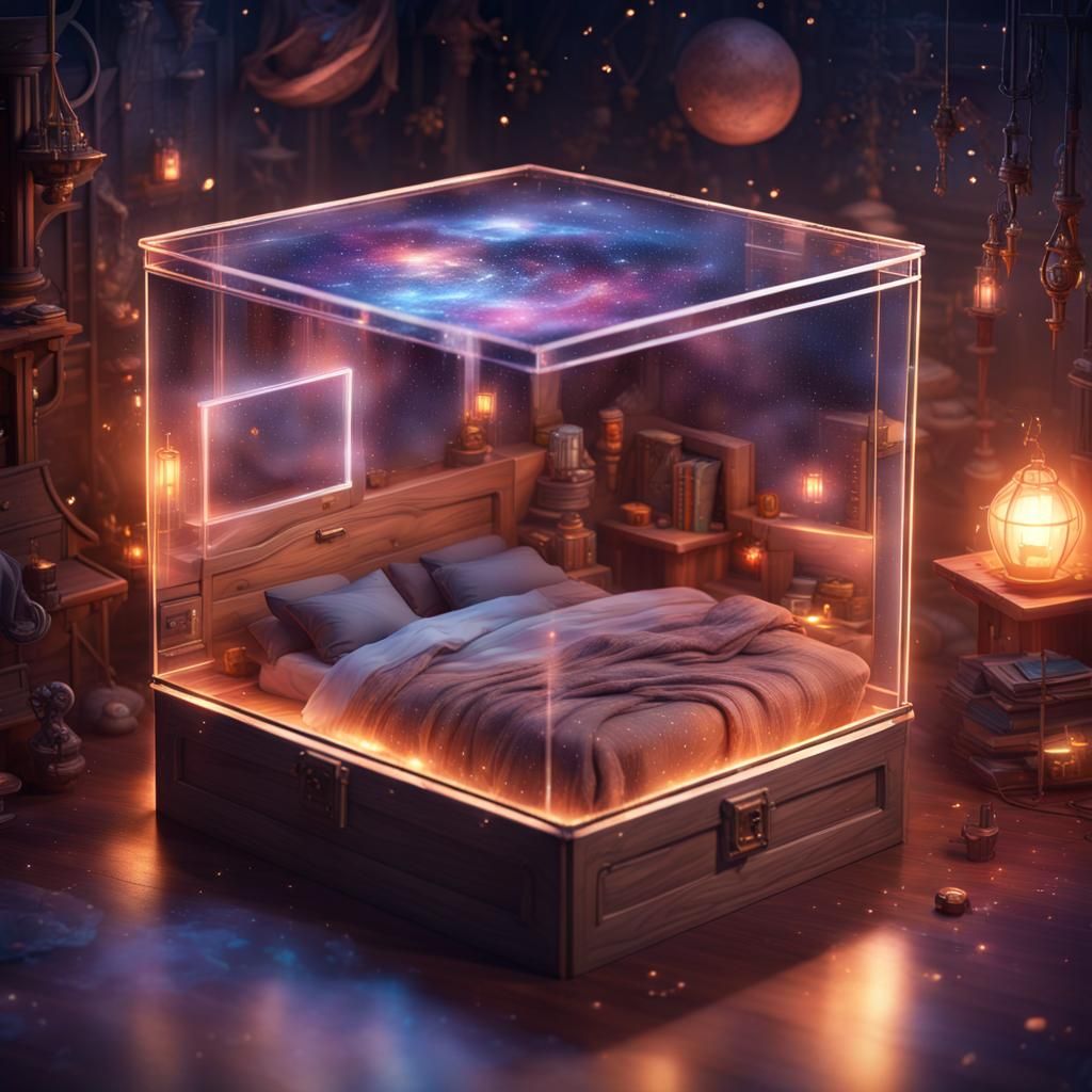 Dreamscape Bedroom Inside Transparent Box: Fantasy Concept A...