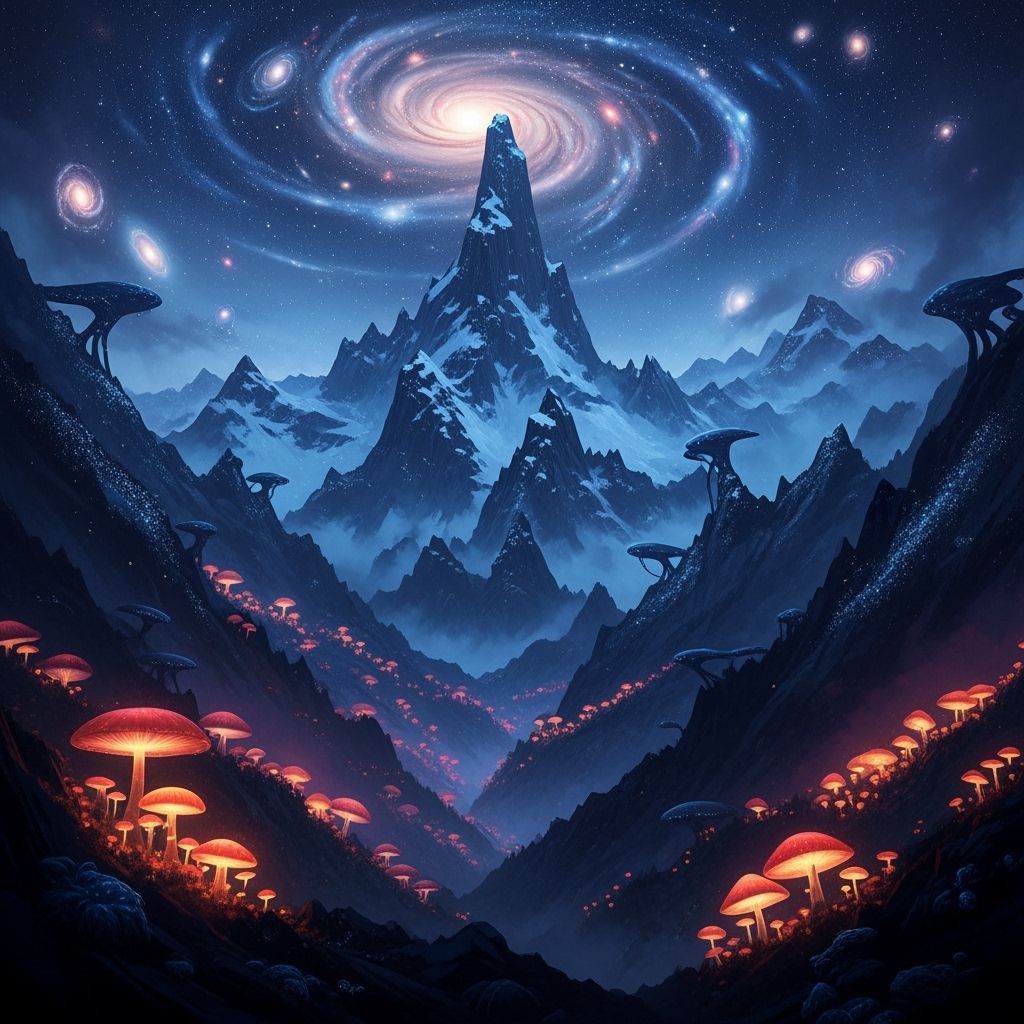 Glowing Mushroom Valleys Under a Nebulae Sky