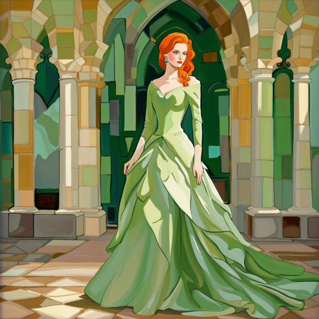 Ginger Princess in Elegant Pale Green Gown