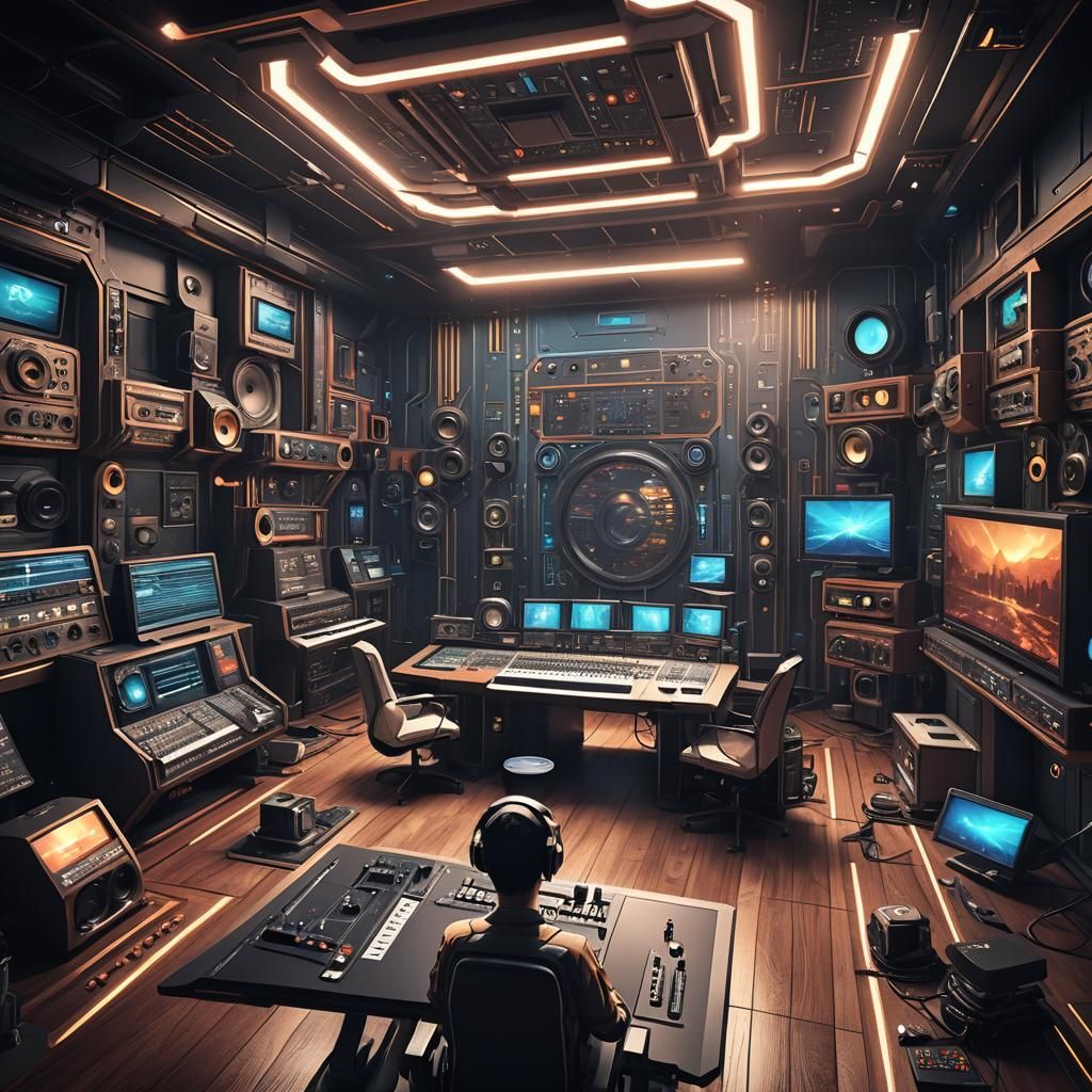 Audio Engineer in Futuristic Recording Studio: Detailed Matt...