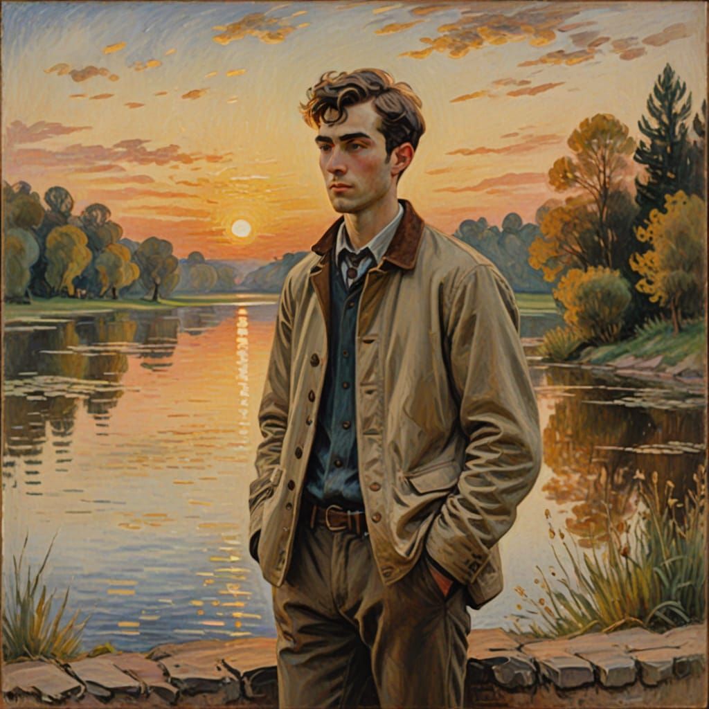 Young Man Contemplating a Serene Lake in Warm Golden Light