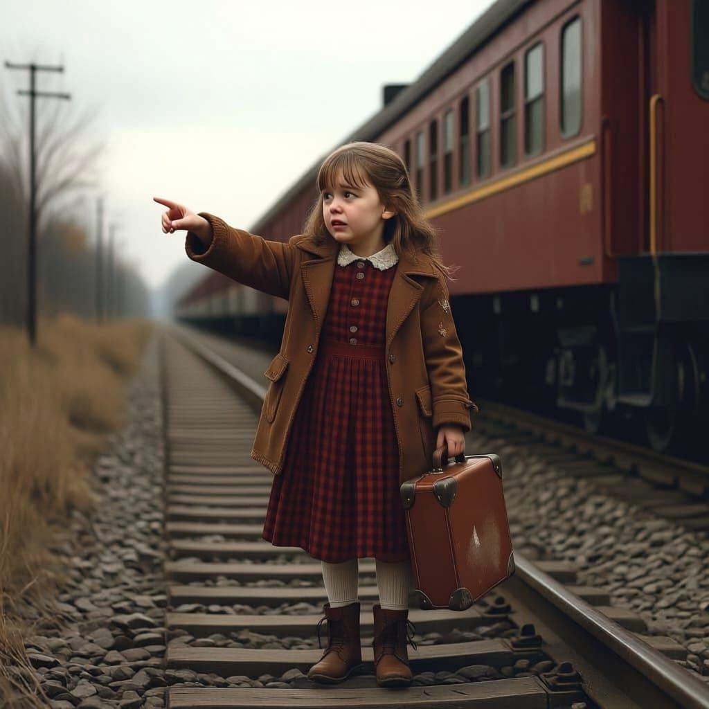 Girl Longs for Departing Train on Old Tracks