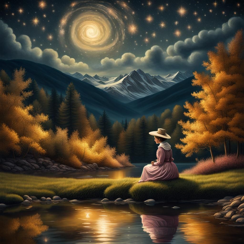 Victorian Woman Watches Starry Night Sky in Naive Art