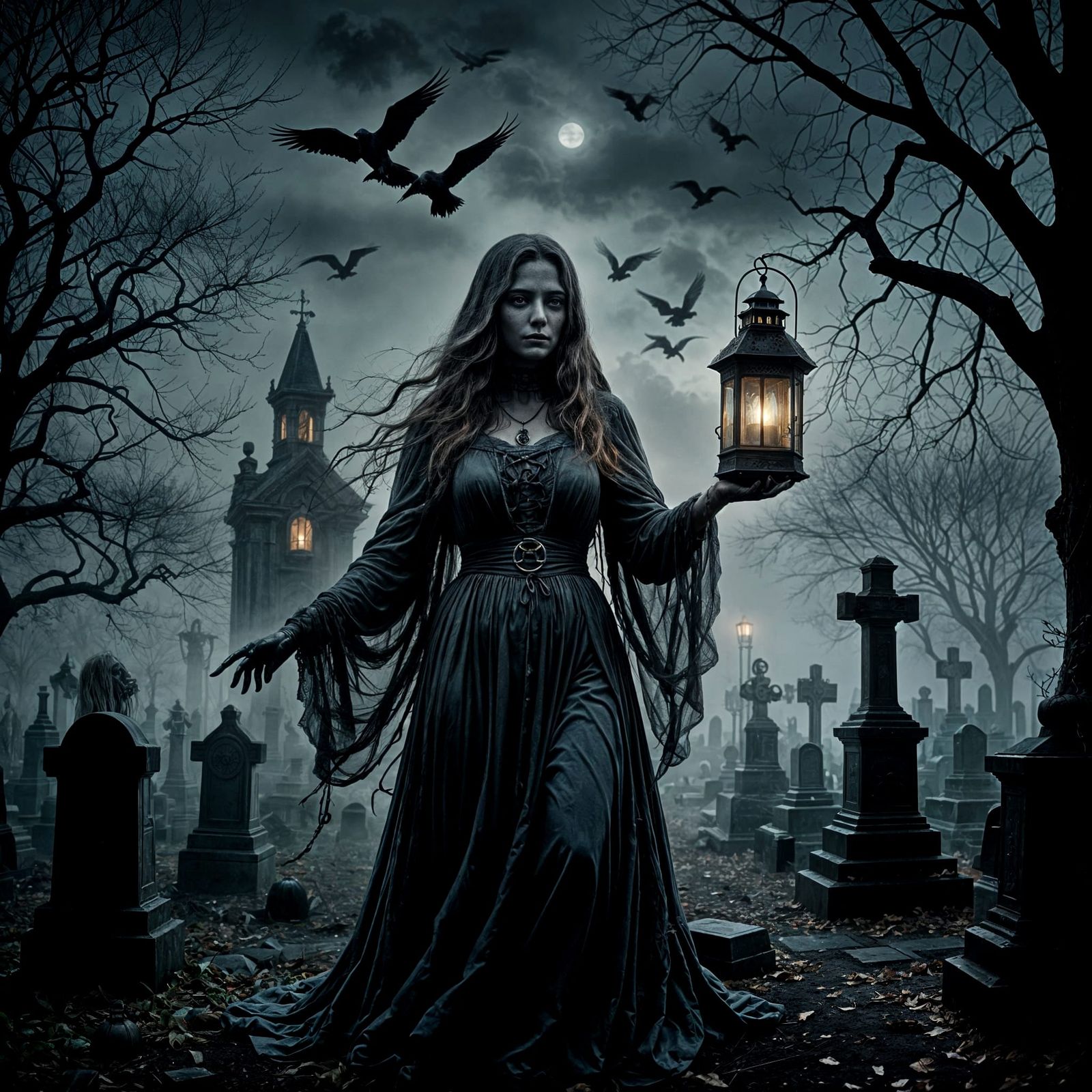 Mystical Spectral Woman Holds a Lantern in a Haunted Cemeter...