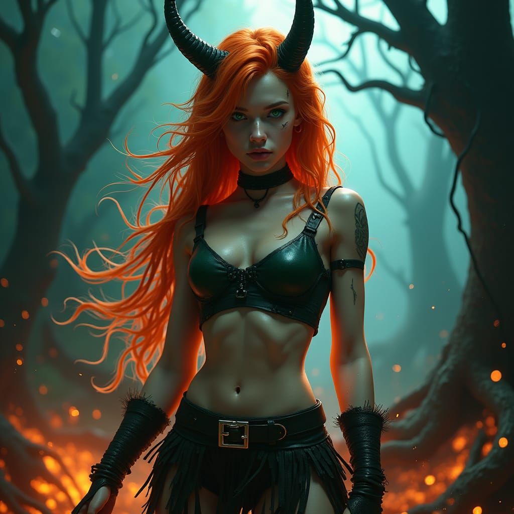 Androgynous Fire Demon in Mystical Realm, Hyper-Realistic Ar...