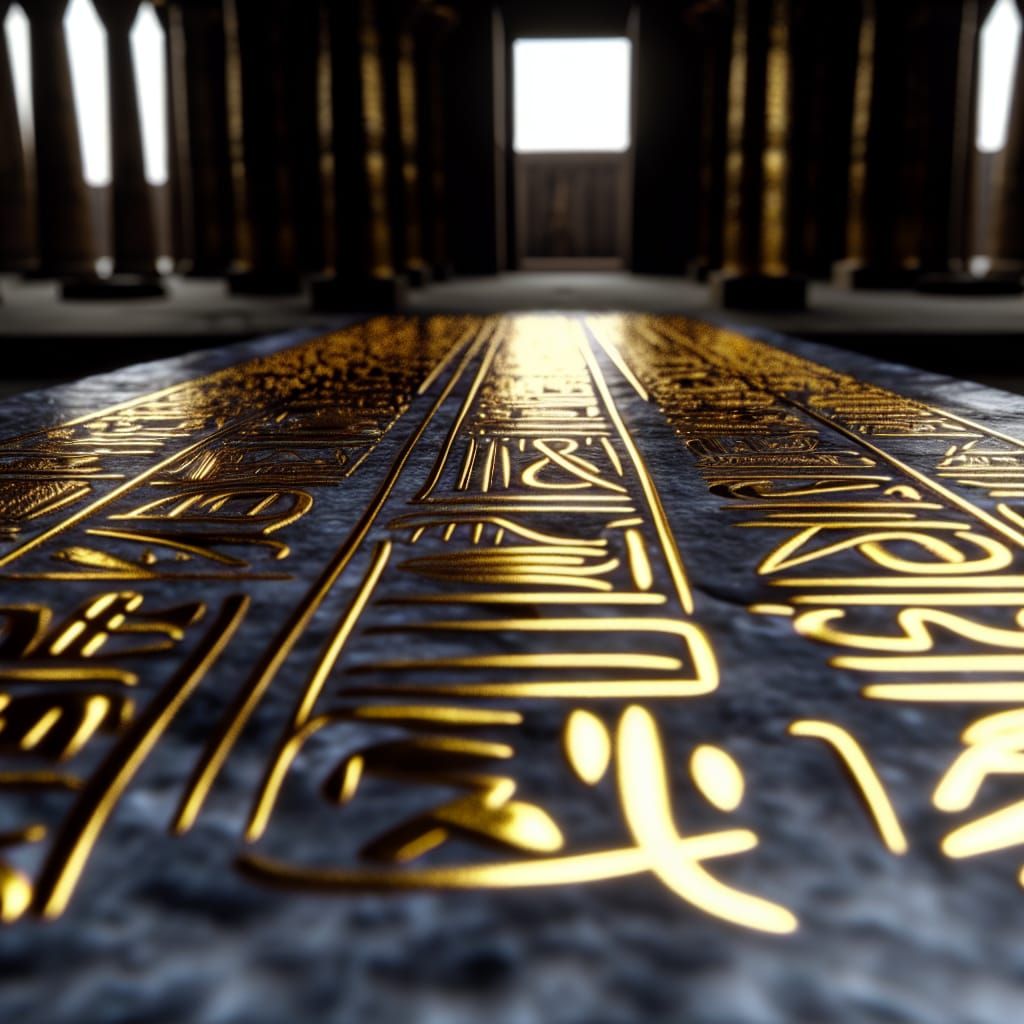 Gold Egyptian Script Engraved on Stone Slab