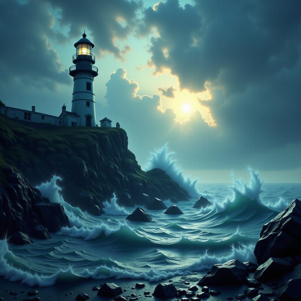 Stormy Lighthouse on Rocky Outcrop